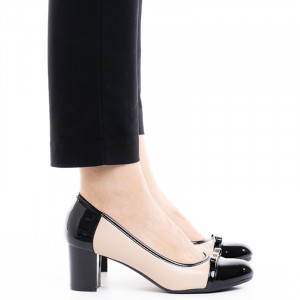 Pantofi dama office cu toc mic Daria bej cu negru