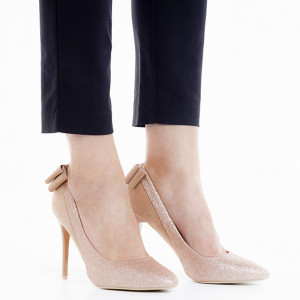 Pantofi stiletto cu toc inalt din velur cu material deosebit lucios Malena auriu
