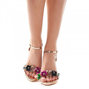 Sandale cu toc si flori elegante Amalia bronze