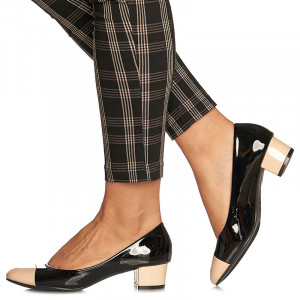 Pantofi office cu toc mic din lac Antonia bej cu negru