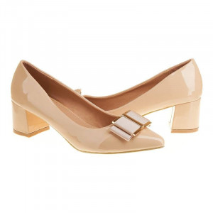 Pantofi office stiletto cu toc mic din lac Layla bej
