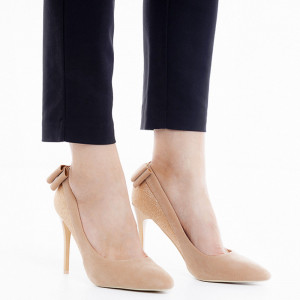 Pantofi stiletto cu toc inalt din velur cu material lucios Adeline bej auriu