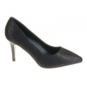 Panofi stiletto cu toc mediu Amira negru cu insertie de argint