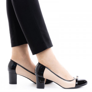 Pantofi dama office cu toc mic Daria bej cu negru