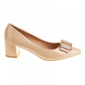 Pantofi office stiletto cu toc mic din lac Layla bej