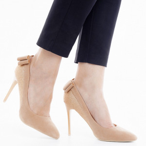 Pantofi stiletto cu toc inalt din velur cu material lucios Adeline bej auriu