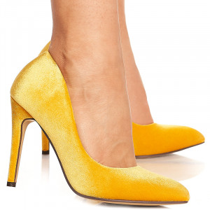 Pantofi stiletto cu toc inalt din velur Noela galben