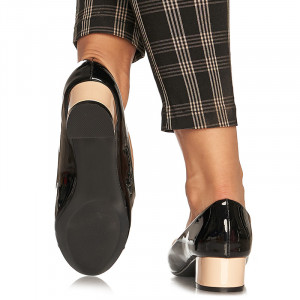 Pantofi office cu toc mic din lac Antonia bej cu negru