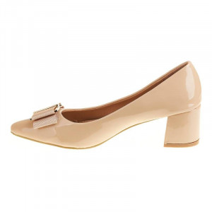 Pantofi office stiletto cu toc mic din lac Layla bej