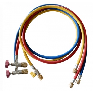 Set 3 furtunuri de incarcare freon cu robineti depresori, 150cm, 1/4"x 5/16" SAE, Refco CCL-60-A-38410