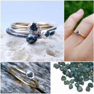 Inel cu diamant brut verde-albastrui