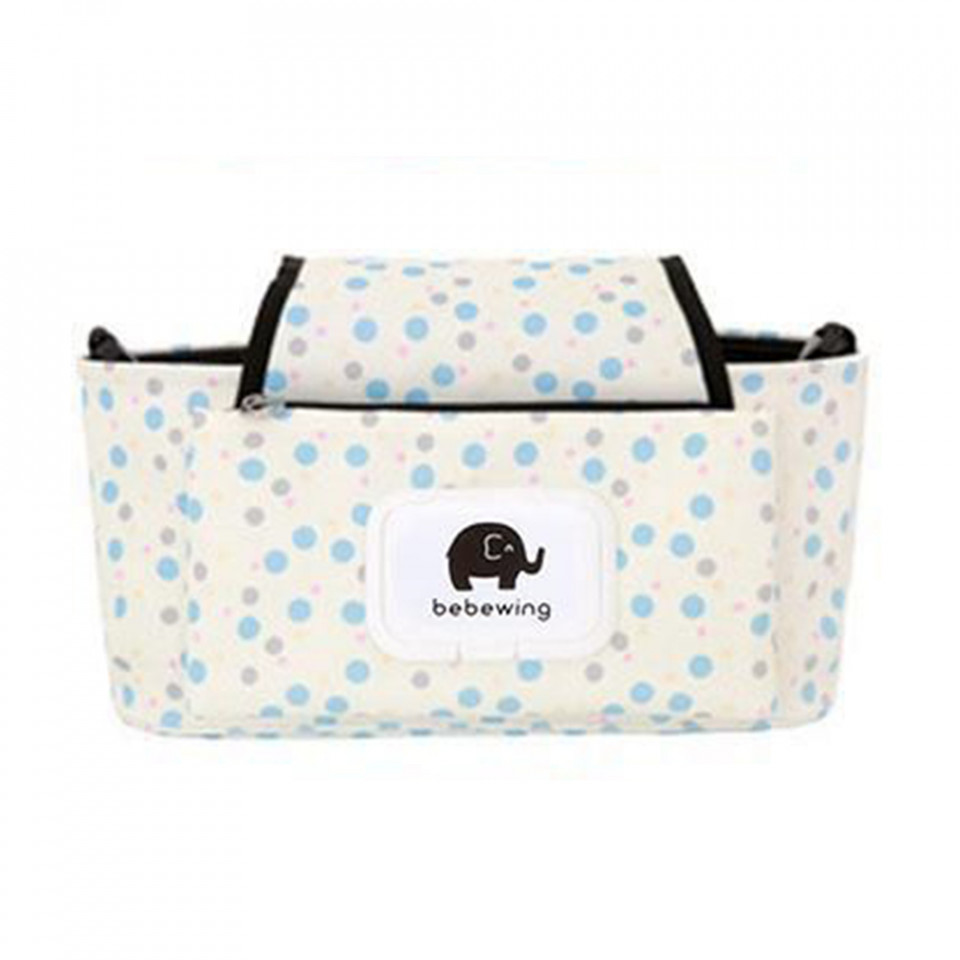 Geanta Organizator Pentru Carucior Bebewing Bej Cu Buline Bleu