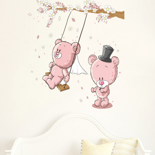 Sticker decorativ pentru perete ursuleti roz in leagan