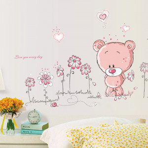 Sticker perete Pink Bear in the flowers