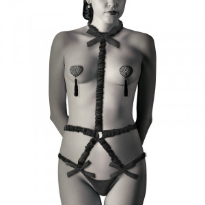 Conjunto De Arnês Elástico Coquette E Tampas De Bico Preto