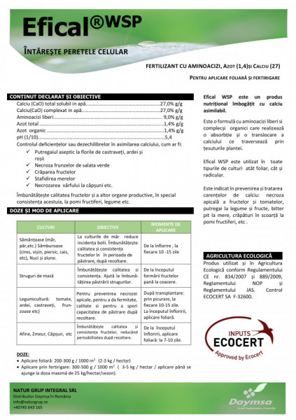 Fertilizant ECO EFICAL WSP (5 kg) fertilizant cu aminoacizi, azot si calciu, intareste peretele celular, Daymsa