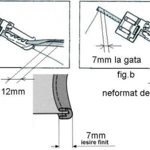 Piciorus pentru atasat bentita pe marginea materialului cu latime la gata de 7mm (bias preformant, fig.a, de 12mm sau neformat, fig.b , de 25mm)
