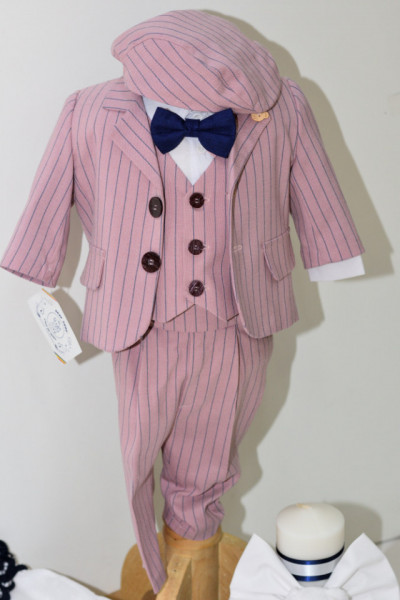 Costum de botez roz prafuit cu dungi bleomarin de baiat