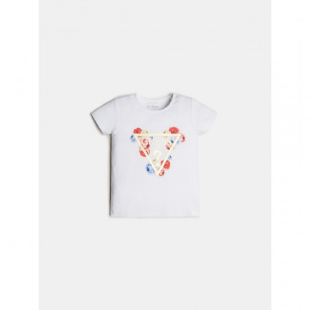 Tricou alb Guess cu logo si floricele din bumbac
