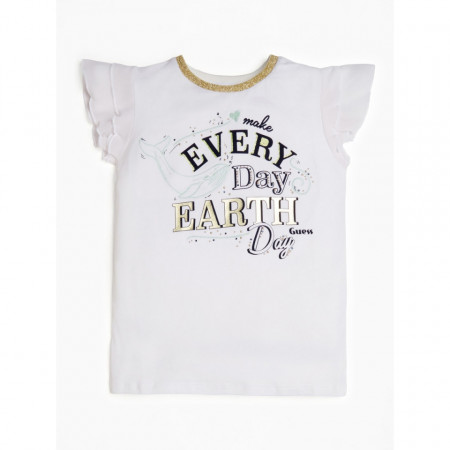 Tricou Guess alb cu guler auriu