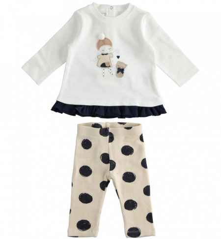 Costum bebe fata cu bluza si colant alb cu bej IDO