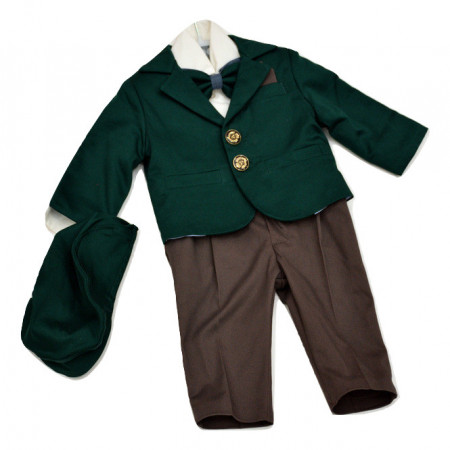 Costum botez, verde cu pantalon maro, 6 piese