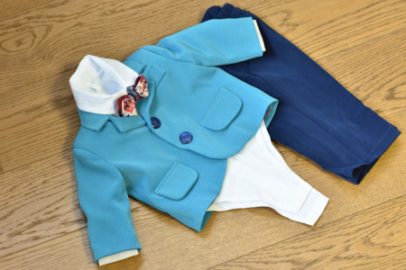 Costum de botez cu sacou albastru in 5 piese de baiat