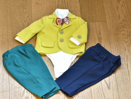 Costum de botez cu sacou galben verzui 5 piese