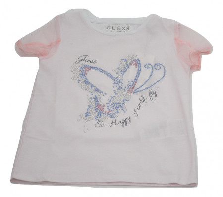 Tricou Guess alb cu manecute roz