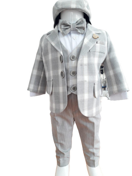 Costum pentru botez în carouri,gri 6 piese
