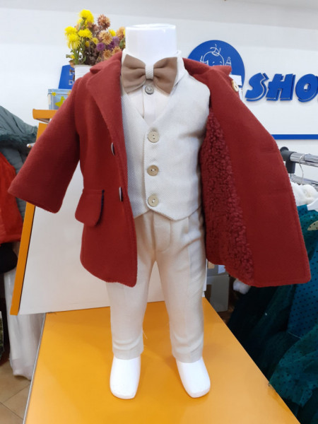 Costum de botez cu palton cărămiziu gros de iarnă pentru băieți
