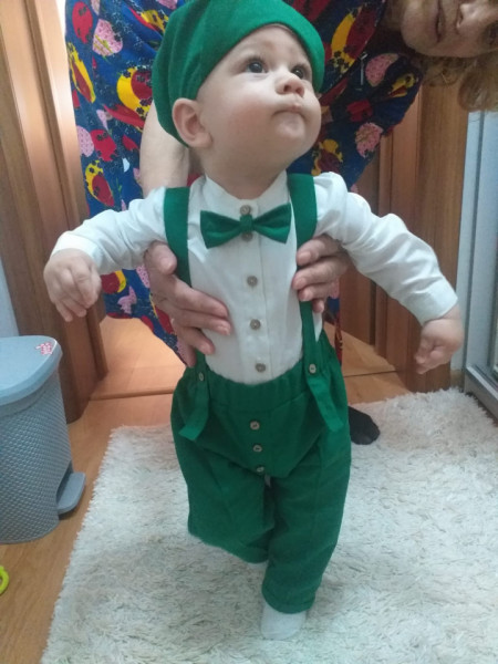 Costum verde de botez cu pantalon din in, 4 piese