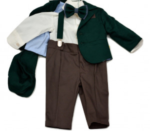 Costum botez, verde cu pantalon maro, 6 piese