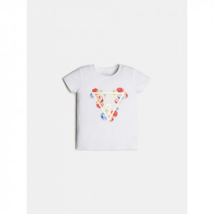 Tricou alb Guess cu logo si floricele din bumbac