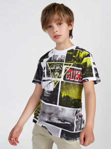 Tricou guess din bumbac pe negru cu dungi albe ,verzi de baieti