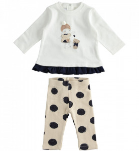 Costum bebe fata cu bluza si colant alb cu bej IDO