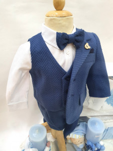 Costum de botez pentru baietei bebelusi albastru cu dungi