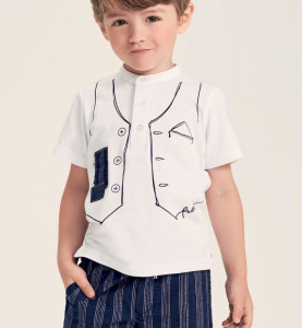 Tricou baieti Ido alb cu bleumarin cu imprimeu vestuta