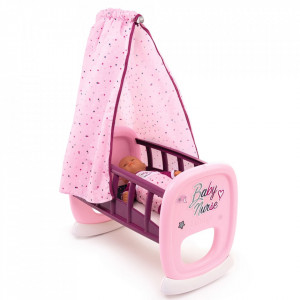 Leagan pentru papusa Smoby Baby Nurse roz mov cu baldachin