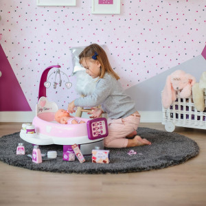 Set cadita si accesorii pentru papusi Smoby Baby Nurse Nursery mov