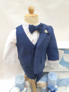 Costum de botez pentru baietei bebelusi albastru cu dungi