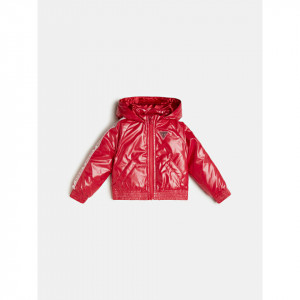 Geaca groasa Guess cu scris pe maneca rosie si neagra