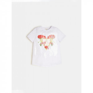 Tricou Guess alb cu logo , paiete si foricele din bumbac