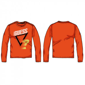Tricou roșu cu mânecă lungă și logo, bumbac, Guess