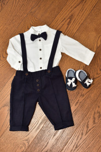 Costum cu pantalon din tercot bleumarin cu buline albastru electric 4 piese