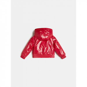 Geaca groasa Guess cu scris pe maneca rosie si neagra