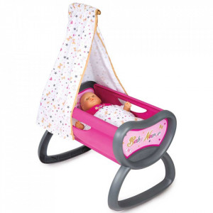 Leagan pentru papusa Smoby Baby Nurse roz gri cu baldachin