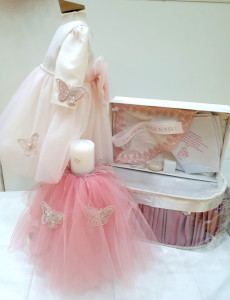 Rochie pentru botez Elizze cu trusou, lumanare, cutie satinata si botosi