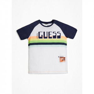 Tricou Guess alb cu dungi multicolore