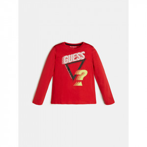 Tricou roșu cu mânecă lungă și logo, bumbac, Guess